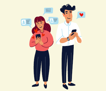 A woman and a man are on their phones. The woman has three text messages and the man has a speech bubble with a heart.