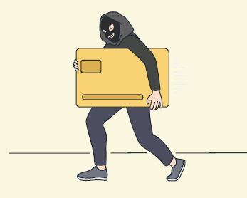 A man wearing a hoodie and a mask carries a large credit card.