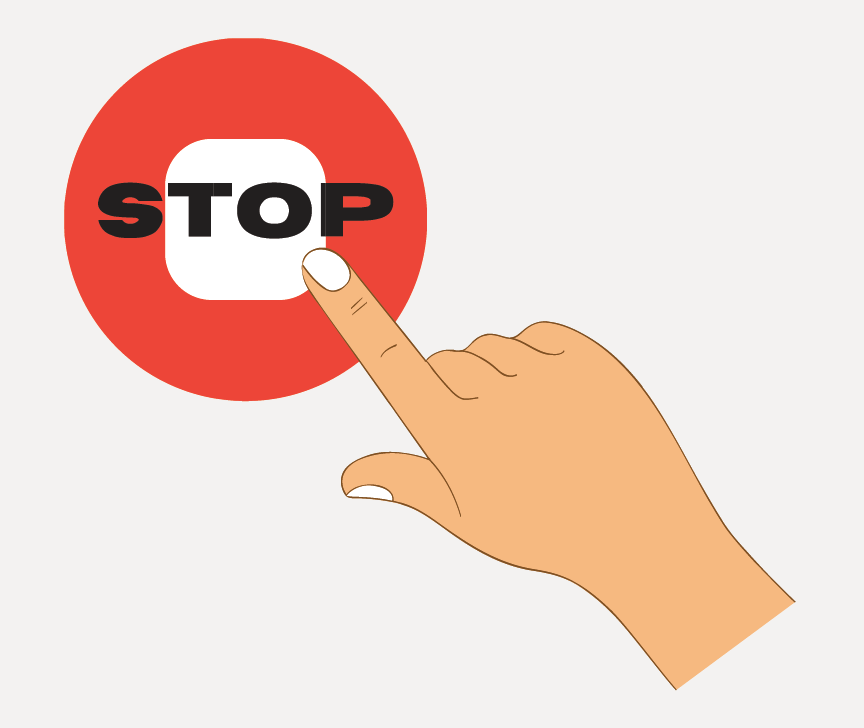 A hand pointing to a circular red sign that reads 