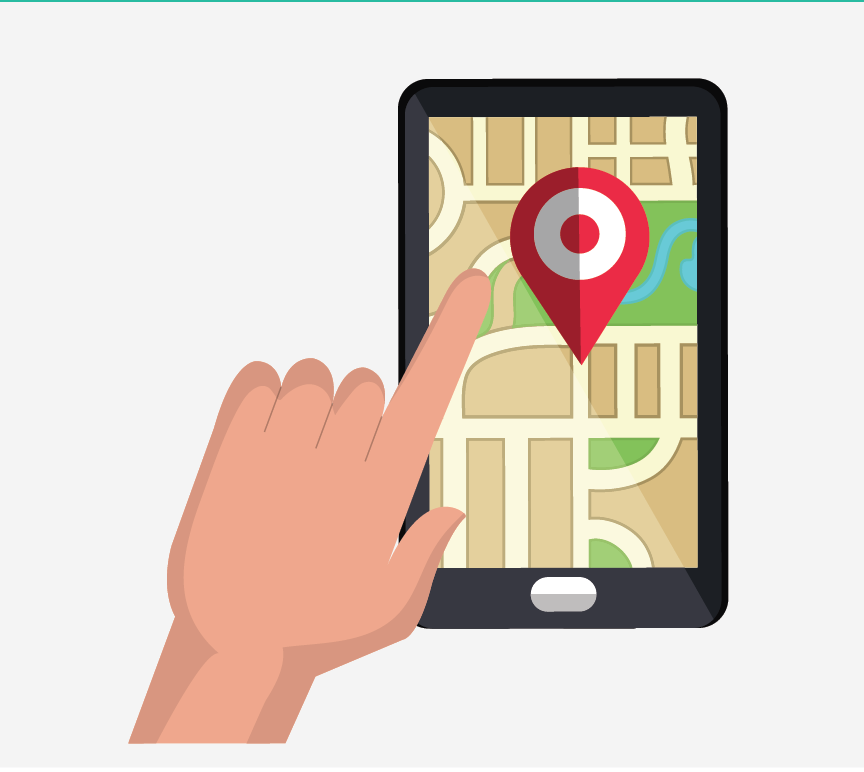 A hand pointing to a smartphone with a GPS on the screen.