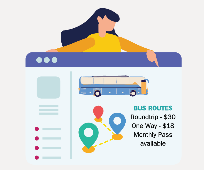 A person next to a computer screen with information about the bus.