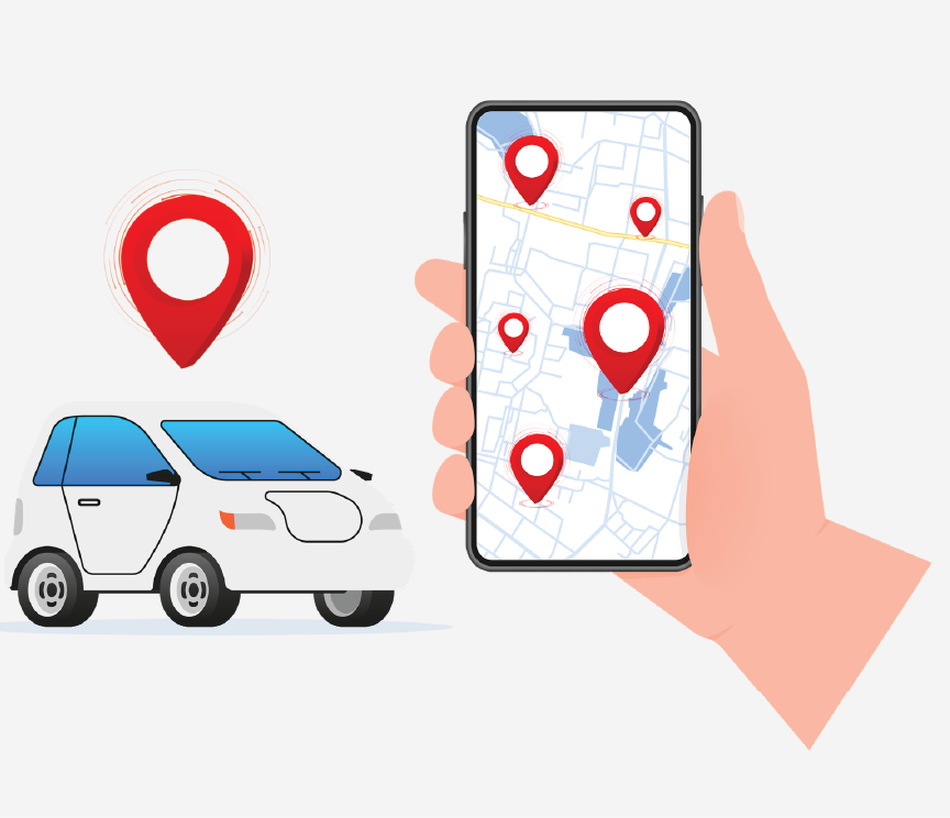 White car next to a hand holding a smartphone.