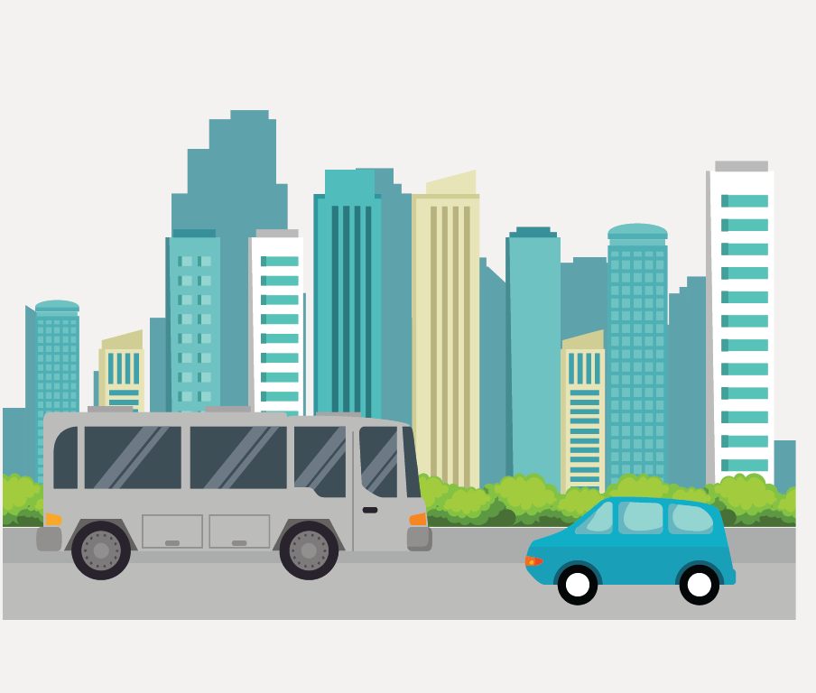 A city picturing a bus and a car.