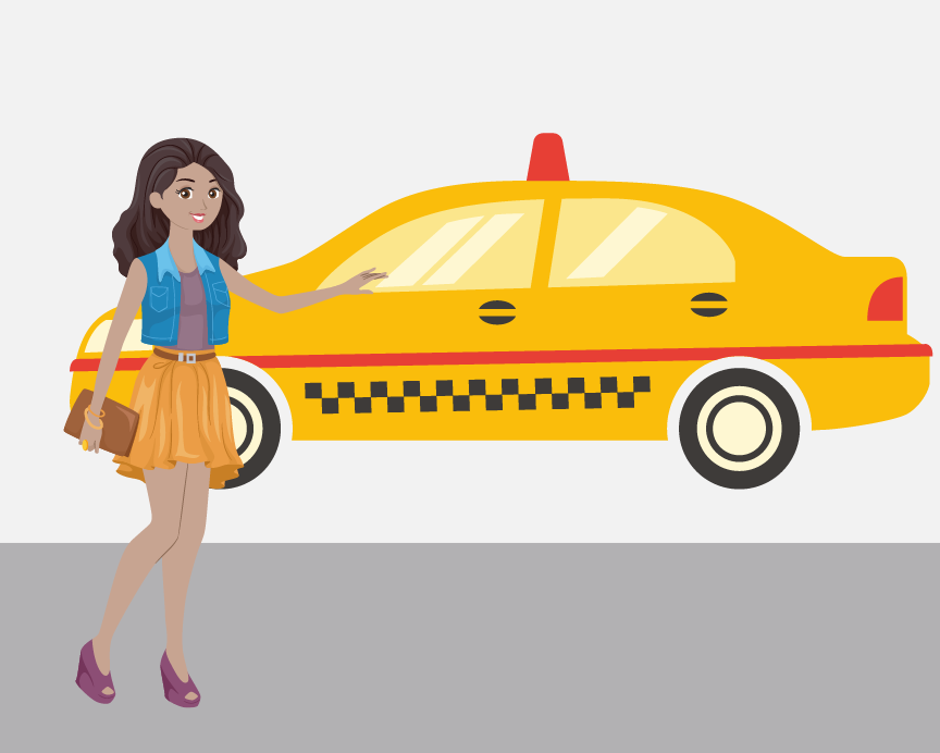 A woman walking toward a taxi.