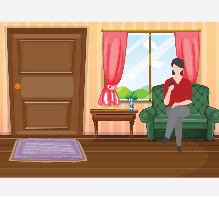 Woman sitting in living room on couch.