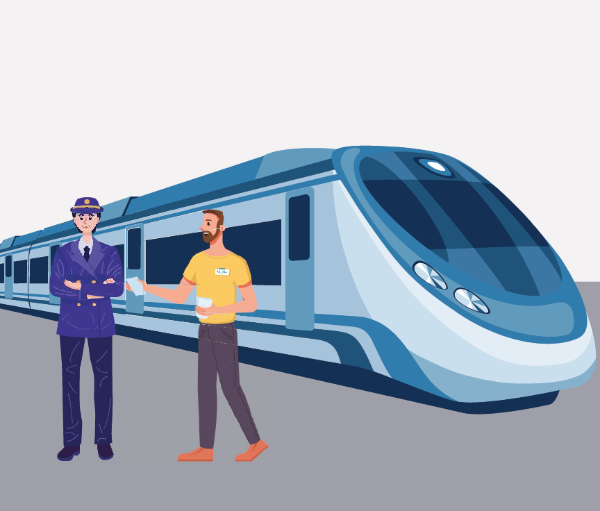A stopped train with two people standing next to it.