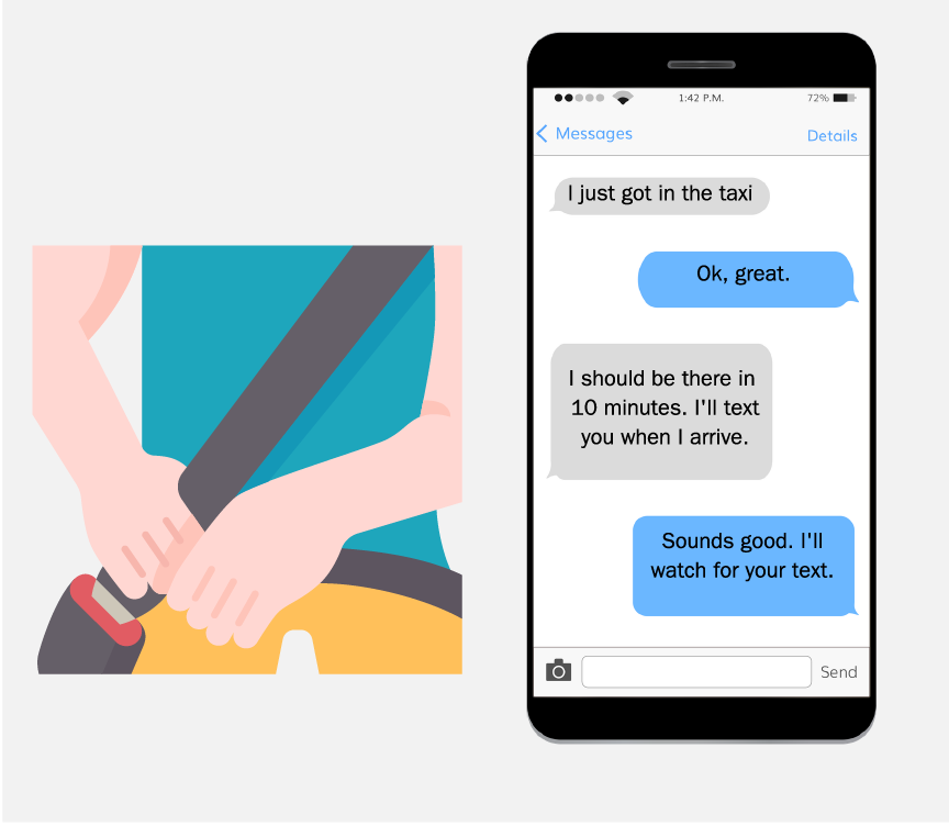 A person sitting with their seatbelt buckled next to a smartphone showing a text conversation about entering the taxi.