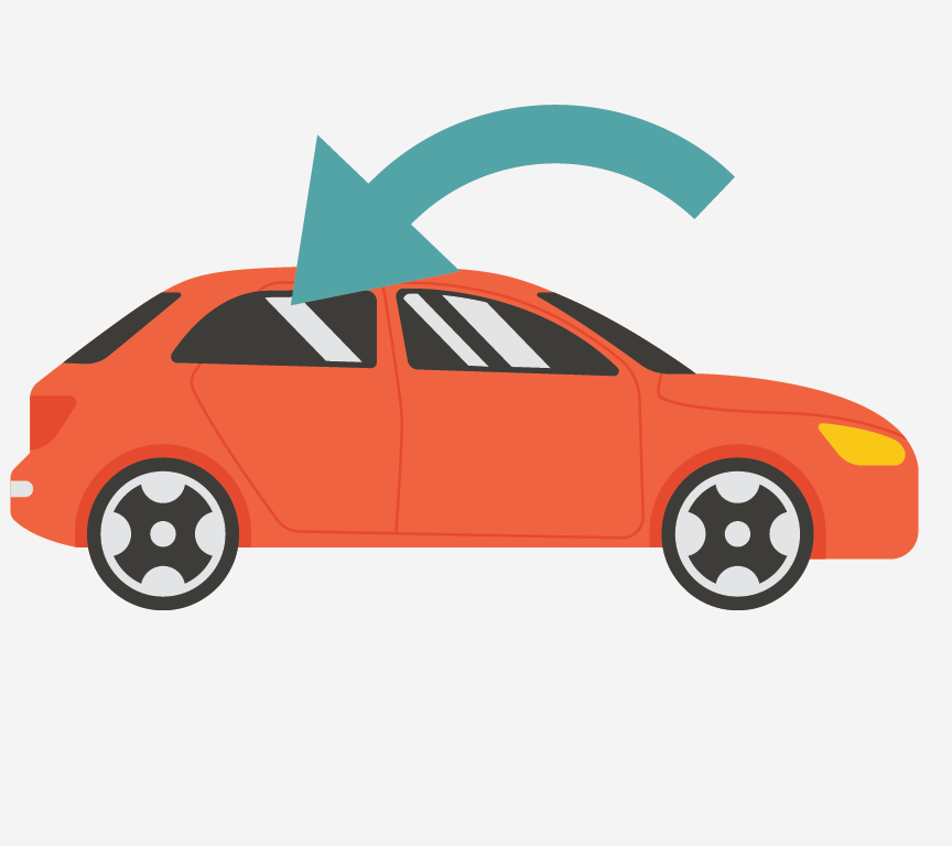 A car with an arrow pointing to the rear passenger-side seat.