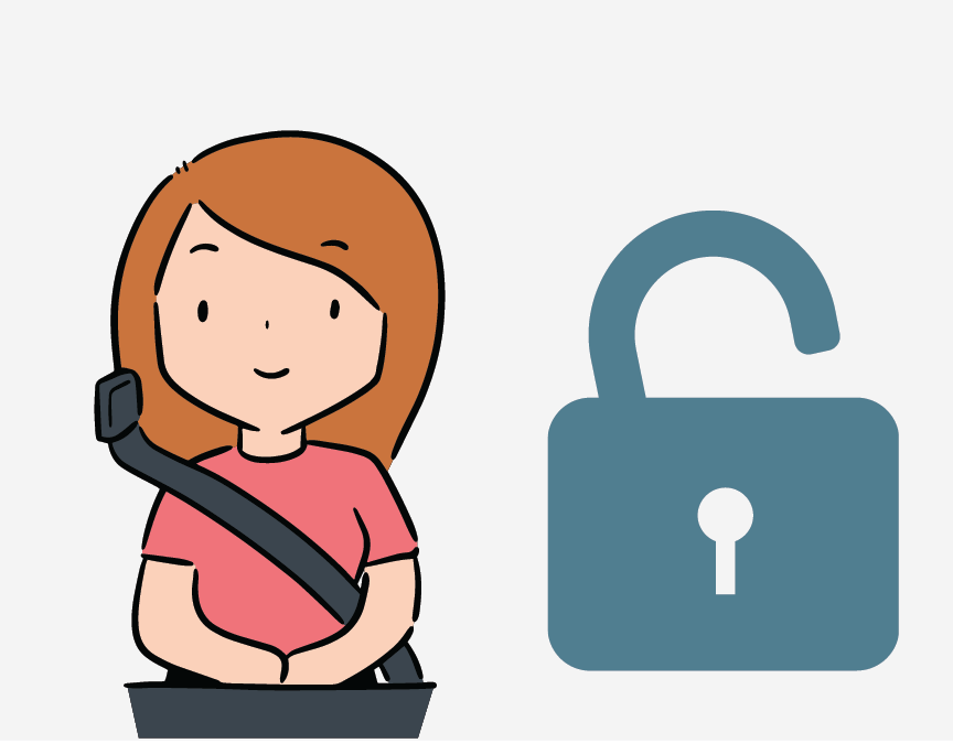 A girl sitting with a seatbelt on next to an image of an open lock.