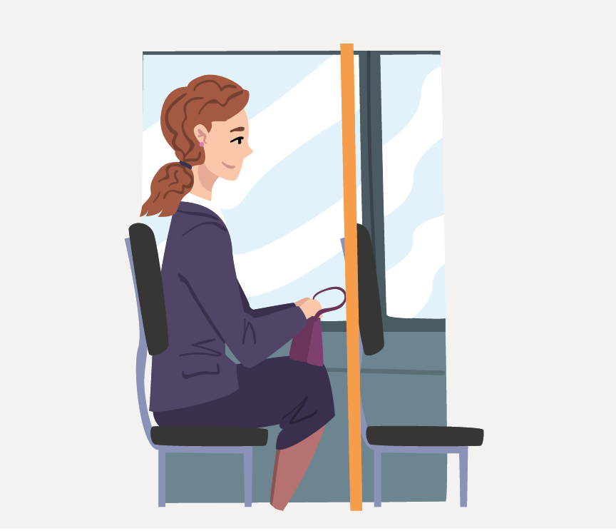 A woman sitting on a bus holding a purse.