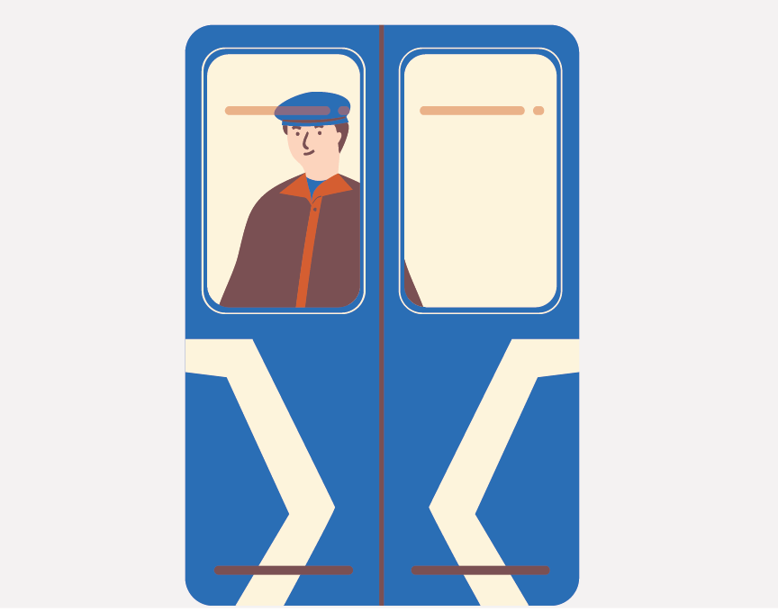 A person waiting to exit a train.