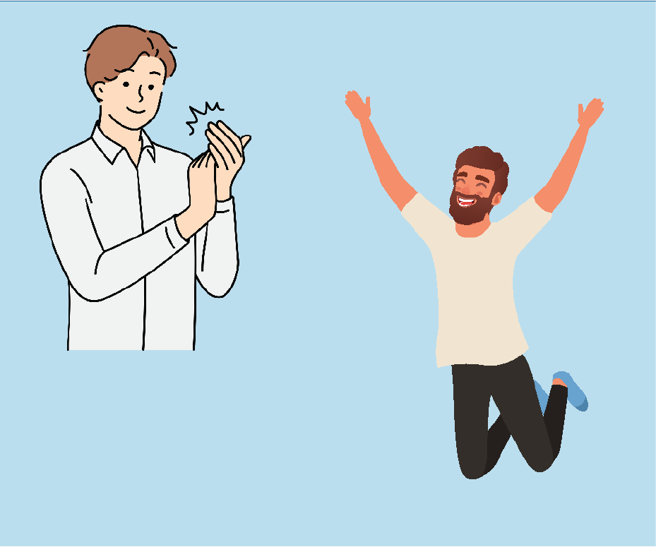 cartoon of man jumping in the air while another man claps his hands.