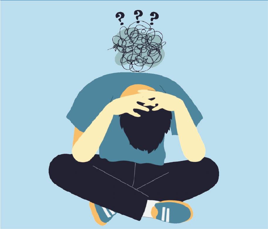 Cartoon of a man sitting cross legged with his head in his hands, he is stressed out.
