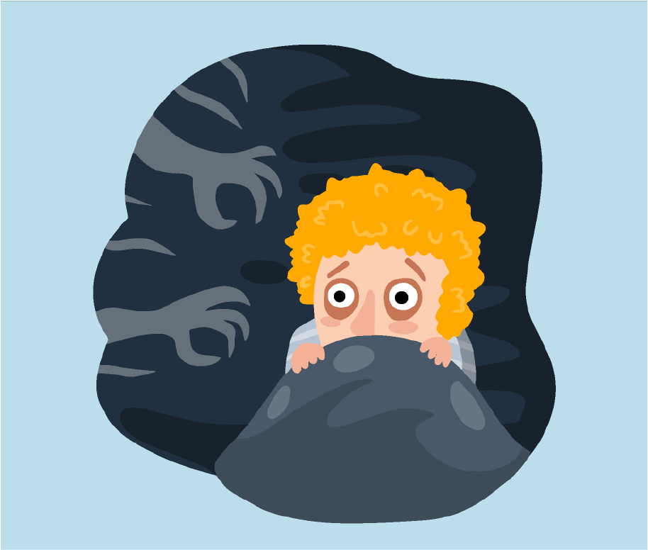 Cartoon of a boy in bed trying to sleep, he is having a nightmare, he is feeling scared.