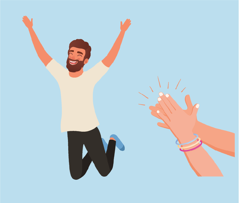 Cartoon of man Jumping in the air while some one claps their hands.