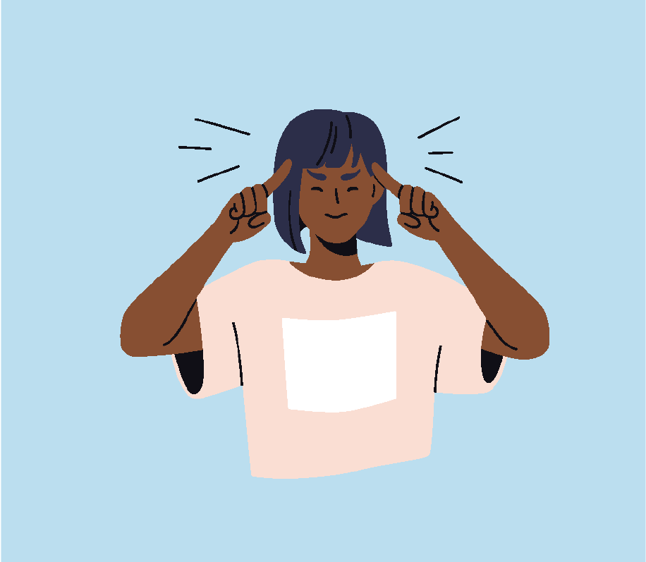 Graphic of a woman with her hands pointing to her head. She is thinking.
