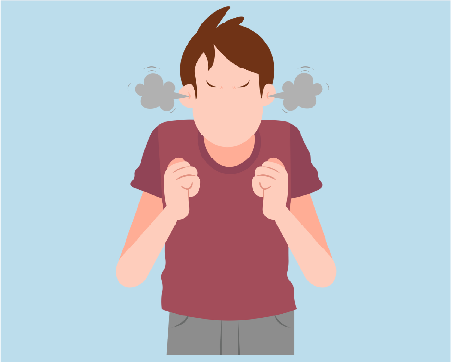 Graphic of a boy with steam coming out of his ears, he is mad.