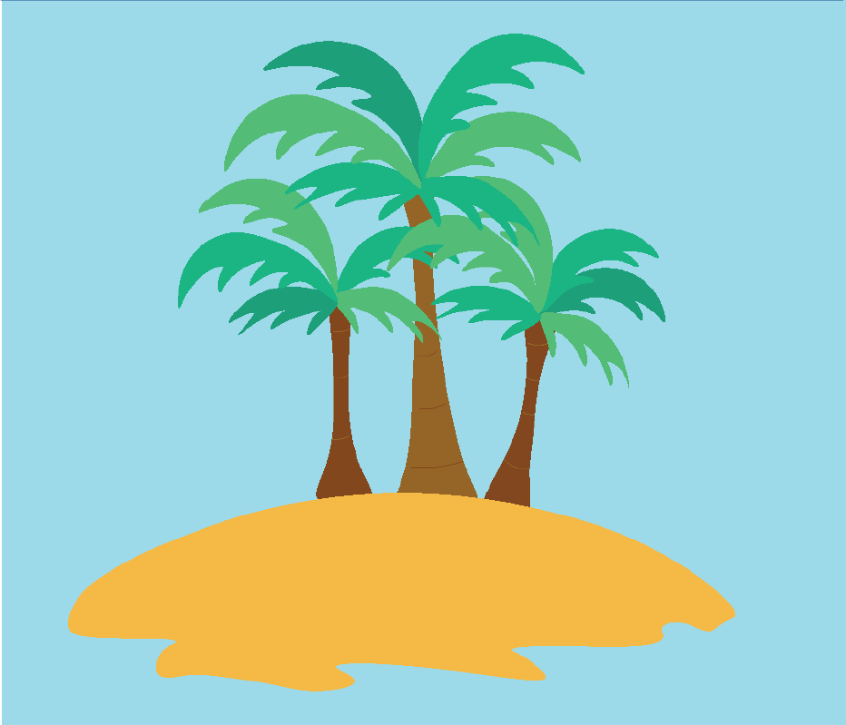 Cartoon of an island with palm trees, it looks relaxing.
