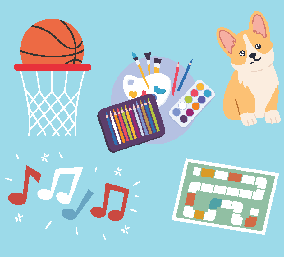 Cartoon of various activities, a dog , basketball, paints, board games and music.