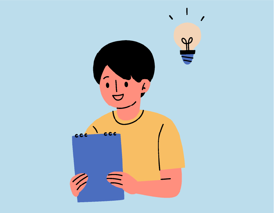 Cartoon of a boy holding a clipboard smiling, a lightbulb above him shows he is having an idea.