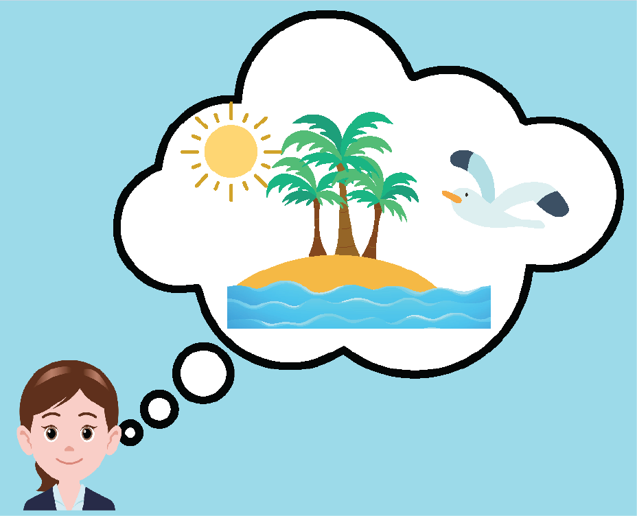 Cartoon of woman thinking about a relaxing place, sun, palm trees and birds.