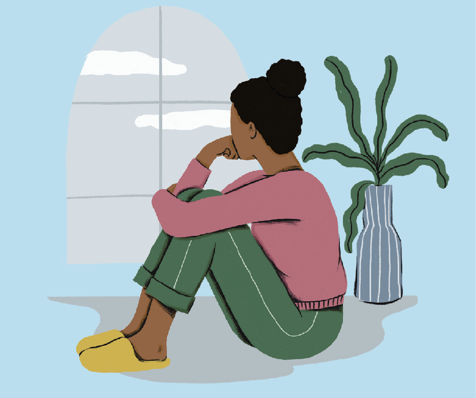Cartoon of a woman sitting in her home looking out the window. She is alone.