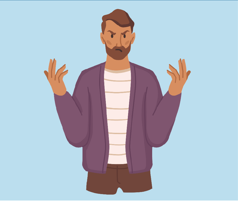 Cartoon of man looking mad with hands in the air.