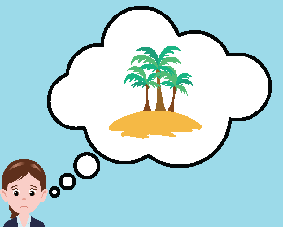 Cartoon of a woman thinking about a relaxing place, a deserted island with palm trees.