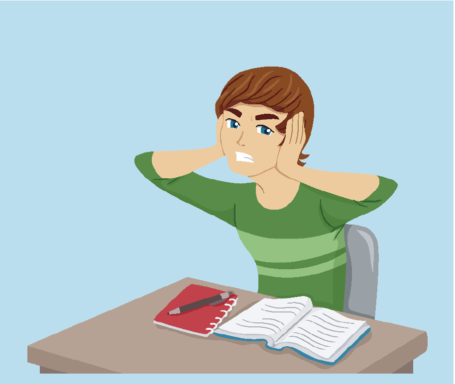 Cartoon of a student sitting at his desk, he has his hands over his ears. He is feeling stressed.