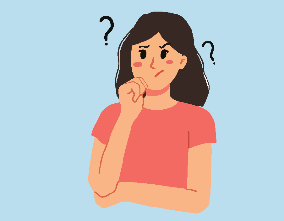 Cartoon of a woman who is thinking with question marks around her head.