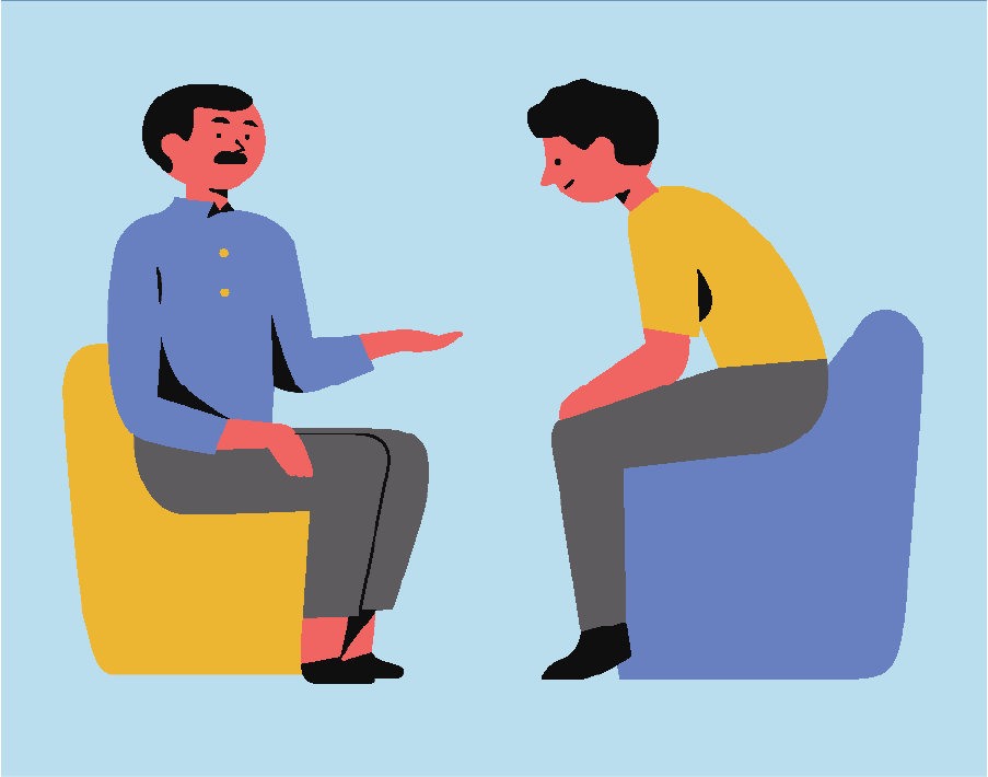 Cartoon of two men sitting down talking.