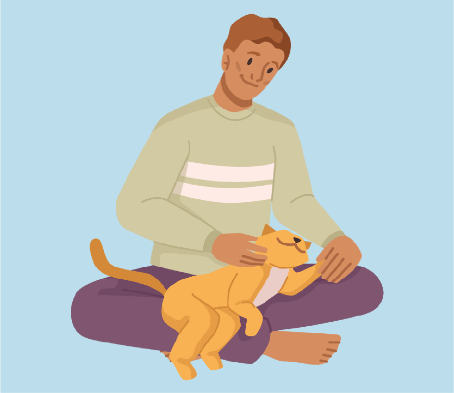 Cartoon of a man playing with his cat, he is happy.