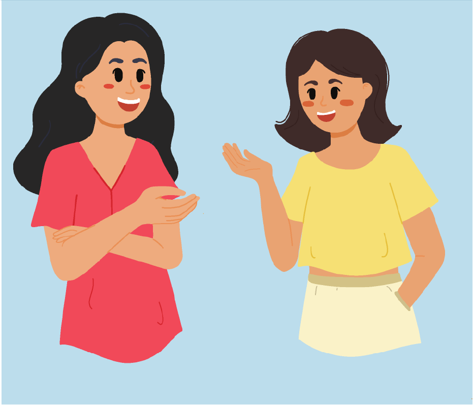 Cartoon of two women talking they are happy.