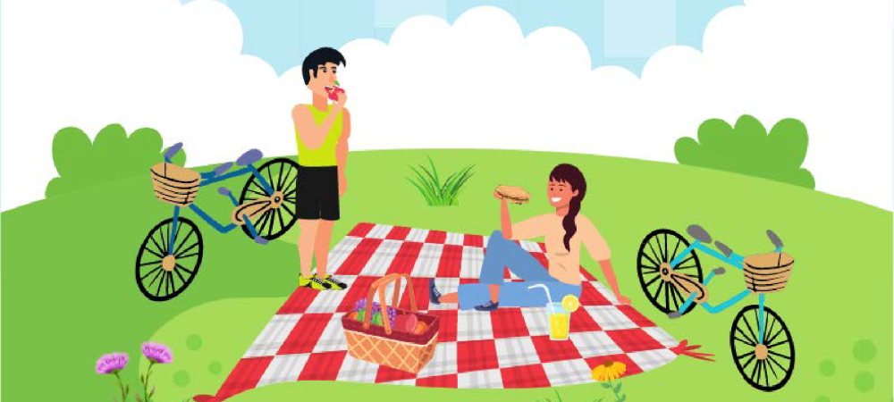 Cartoon of a couple sitting on a picnic blanket having lunch.