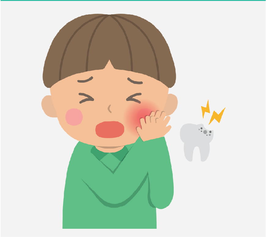 Graphic of a child with a cavity that is hurting, he is in pain.