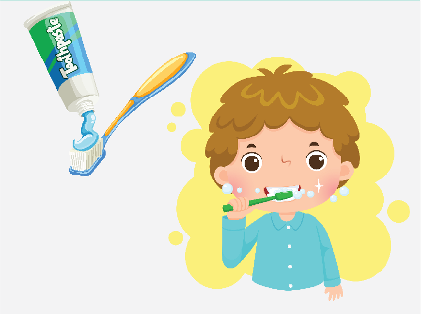 Graphic of a child putting toothpaste on a brush and brushing his teeth.