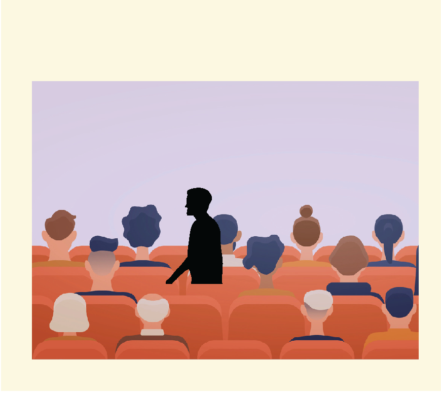 Graphic of a movie theater with people in it, one man is walking out of the theater.