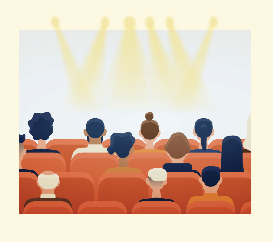 Graphic of a movie theater with the lights on, the movie is over.