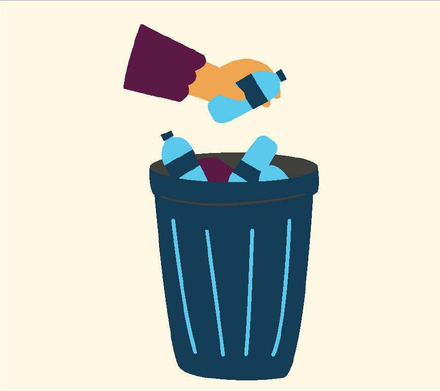 Graphic of a trash can with a hand placing trash in it.