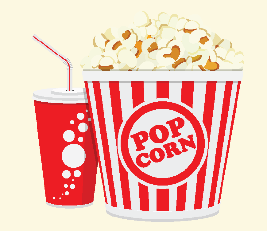 Graphic of a soda cup and a bucket of pop corn.