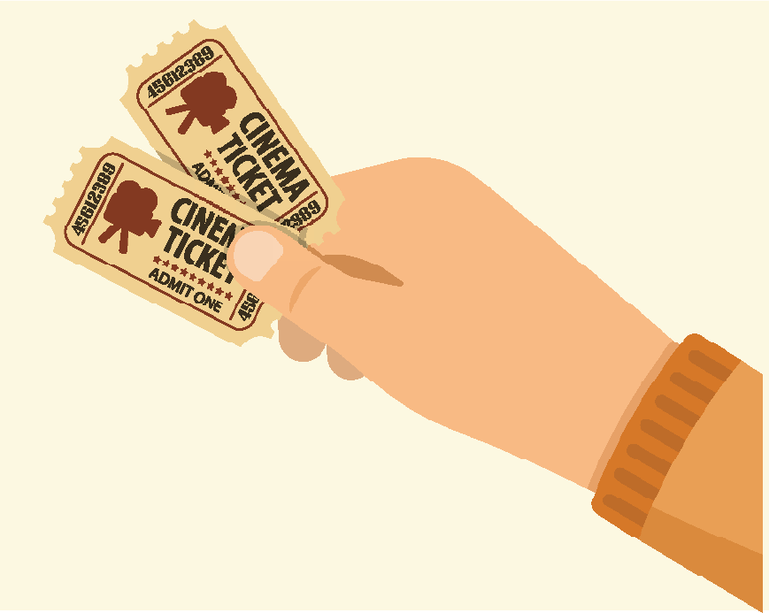 Graphic of a hand holding two movie tickets.