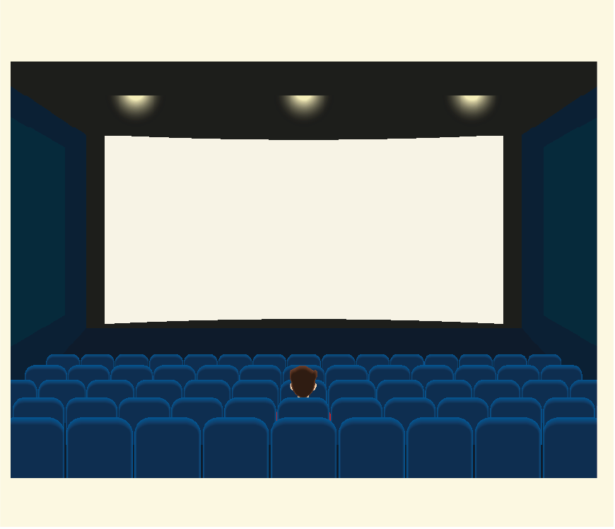Graphic of a dark movie theater with one person sitting in it.