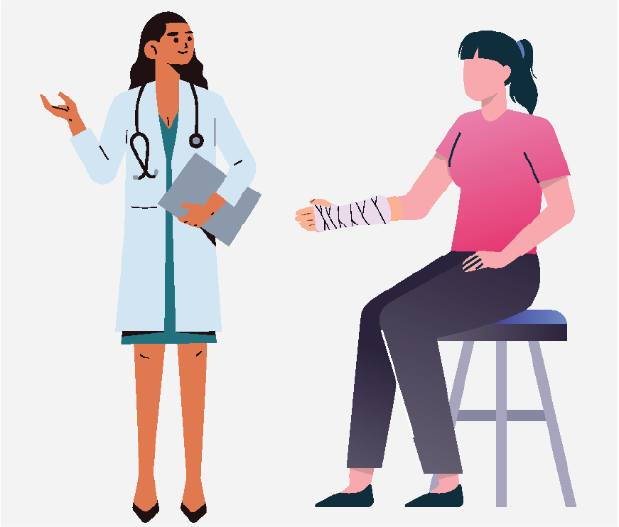 Graphic of a doctor looking at the cast on a woman's arm.