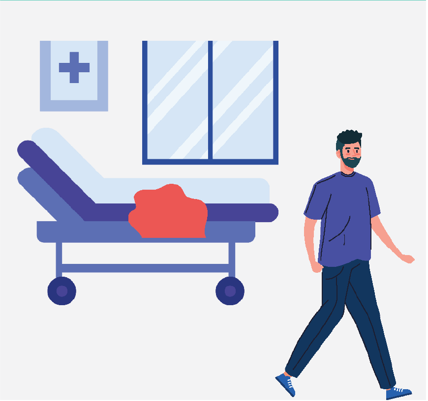 Graphic of a man walking out of the hospital room, he is done.
