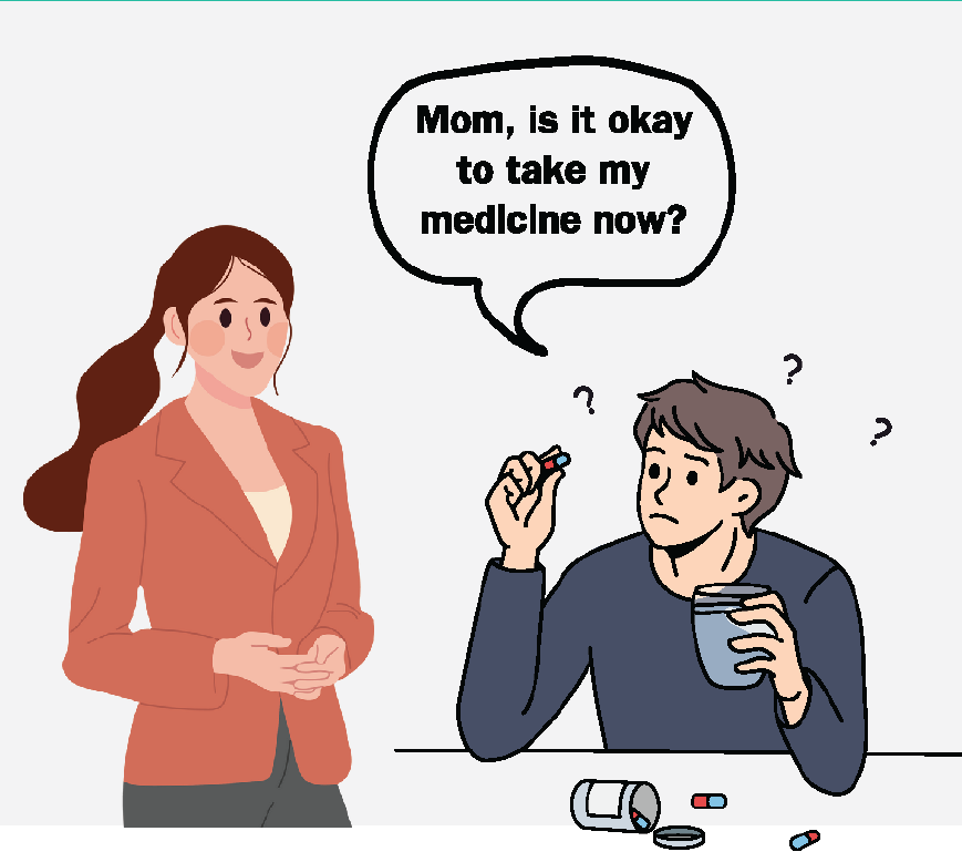 Graphic of a boy taking his medicine, He is asking his mom if 