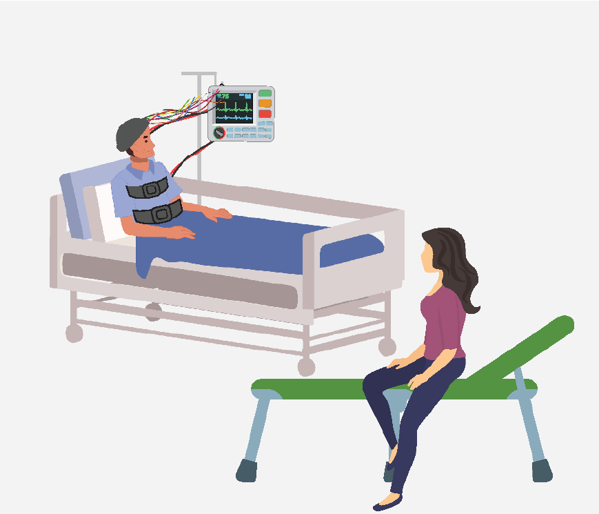 Graphic of a man hooked up to vital monitors, he is getting ready to go to sleep. A family member is sleeping on a cot next to him.