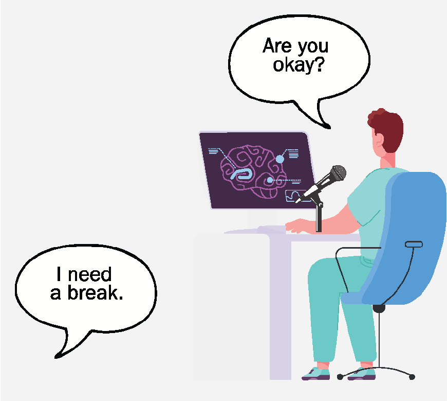 Graphic of an MRI technician looking at a screen. The patient is saying 