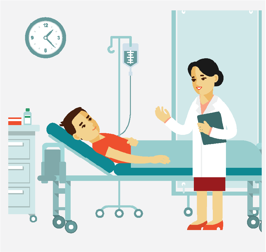 Graphic of a doctor talking to the patient in the recovery room. The surgery is over.