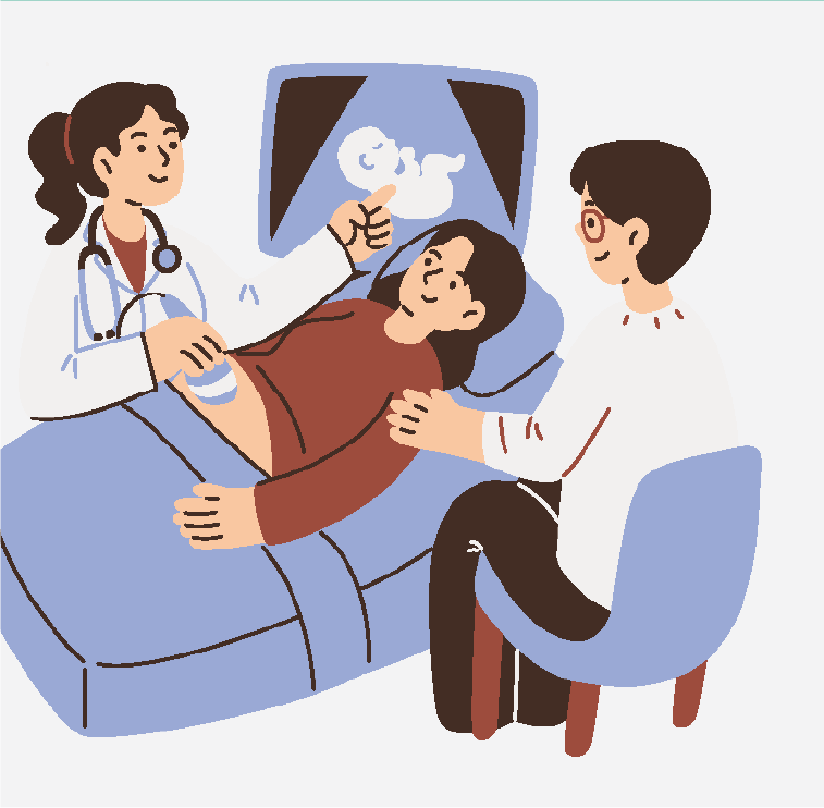 There is a graphic of a woman getting ultrasounded, she has a friend with her to keep her calm.