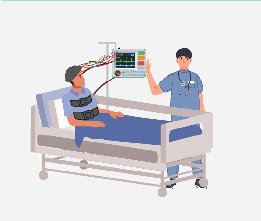 Graphic of a nurse helping to disconnect a patient's electrodes so they can go to the bathroom.